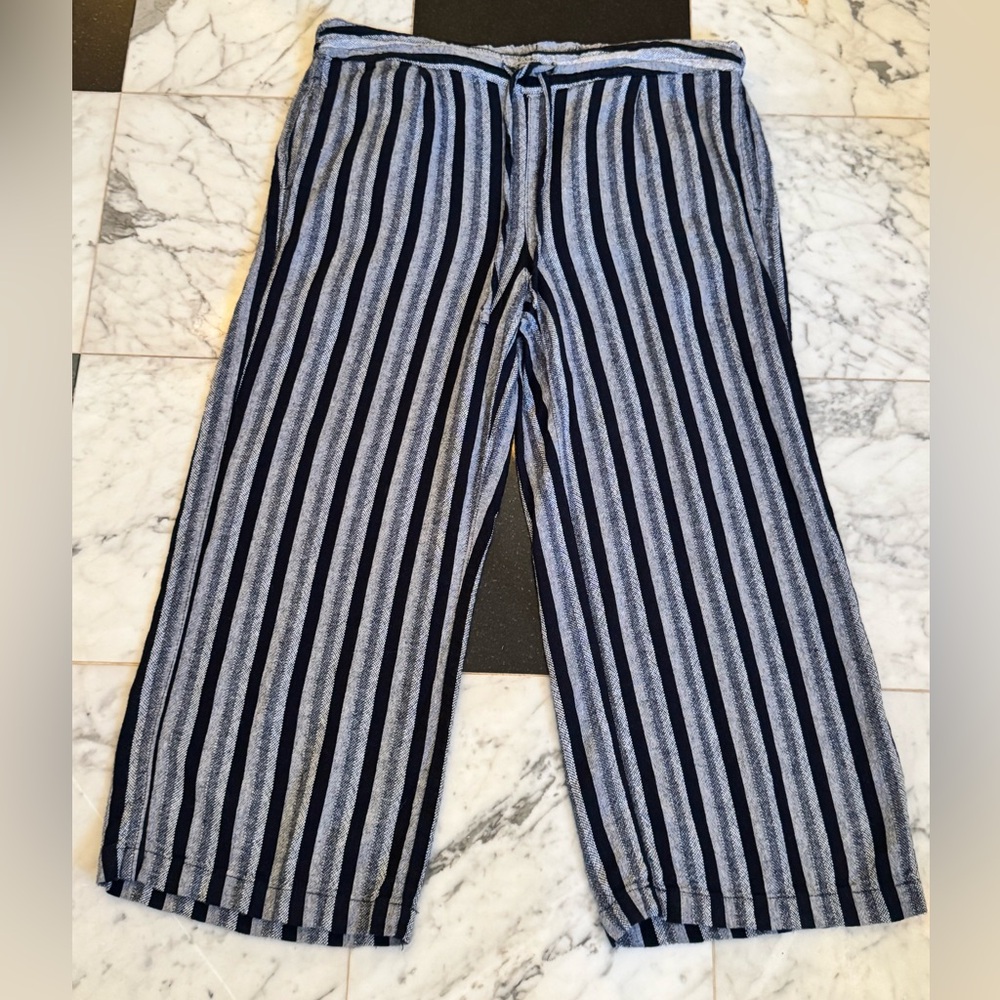 Per Se Linen Blend Wide Leg Striped Pant L Blue Tie Waist Relaxed Flowy Coastal